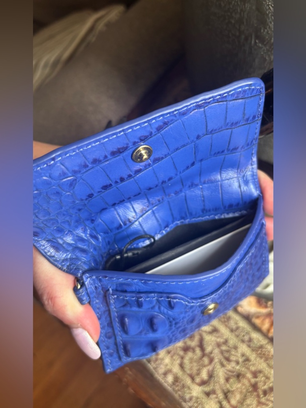 Authentic Brahmin Cobalt Croc-Embossed Leather snap flap Card Case w keychain - Picture 2 of 8